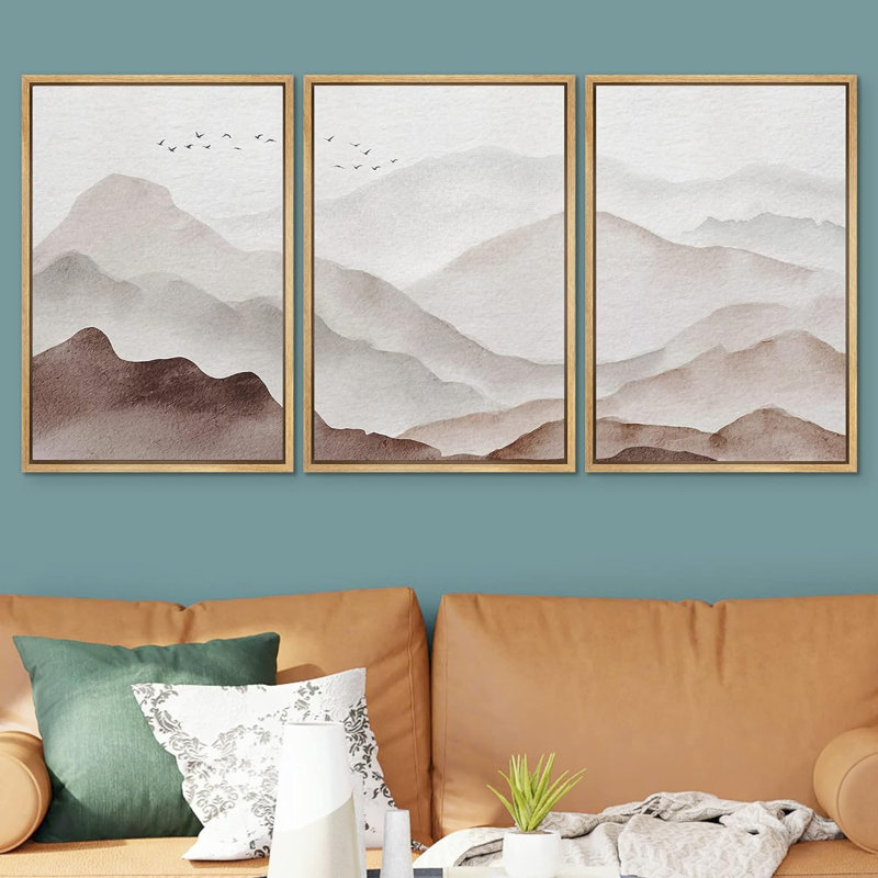 «Abstract Landscape Brown Watercolor Misty Mountain Range», reproduction de tableau encadrée sur toile 3 pièces, Naturel