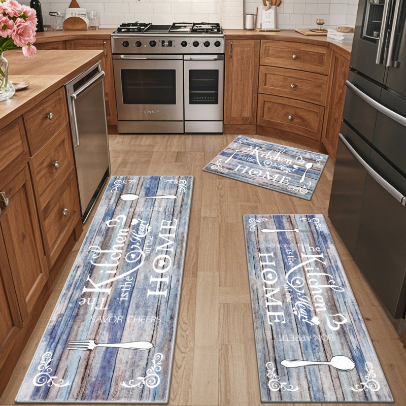 Machine Washable Non-Slip Kitchen Mat, Blue/White