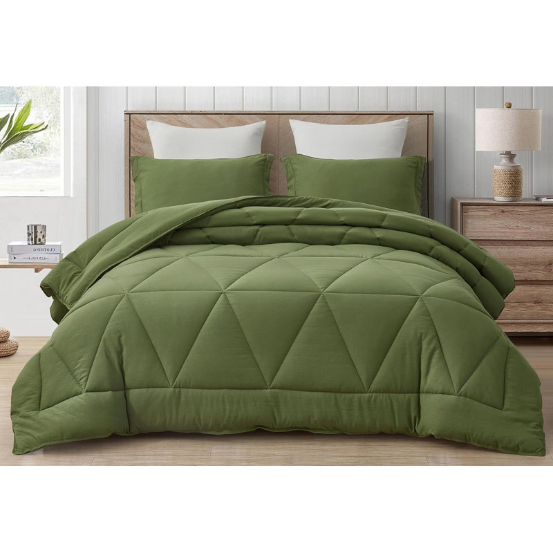 Washed Microfiber Bedding Polyester Comforter, Full/Double Comforter + 2 Standard Shams, Olive Green