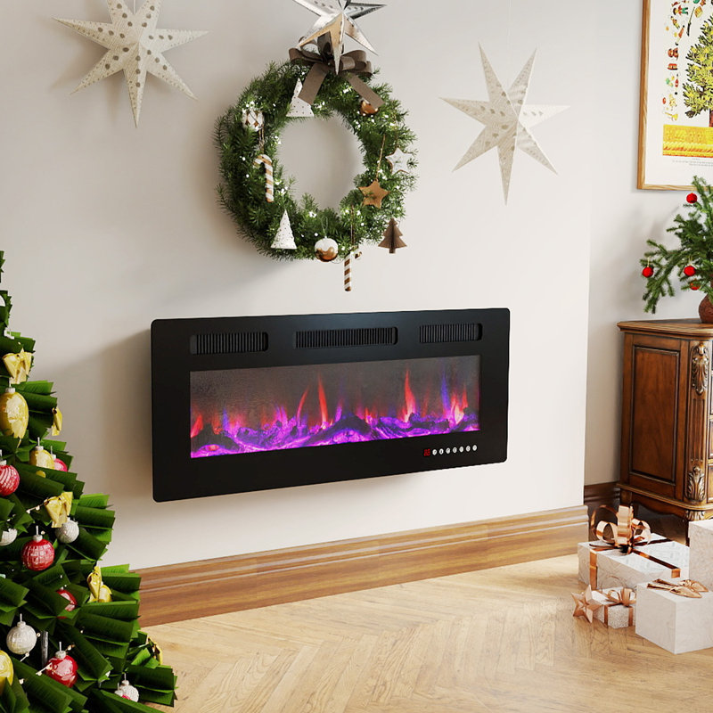 Foyer électrique ultra-mince, mural ou encastré, couleurs et luminosité de flamme réglables, 1500 W, écran tactile et télécommande, minuterie et protection contre la surchauffe