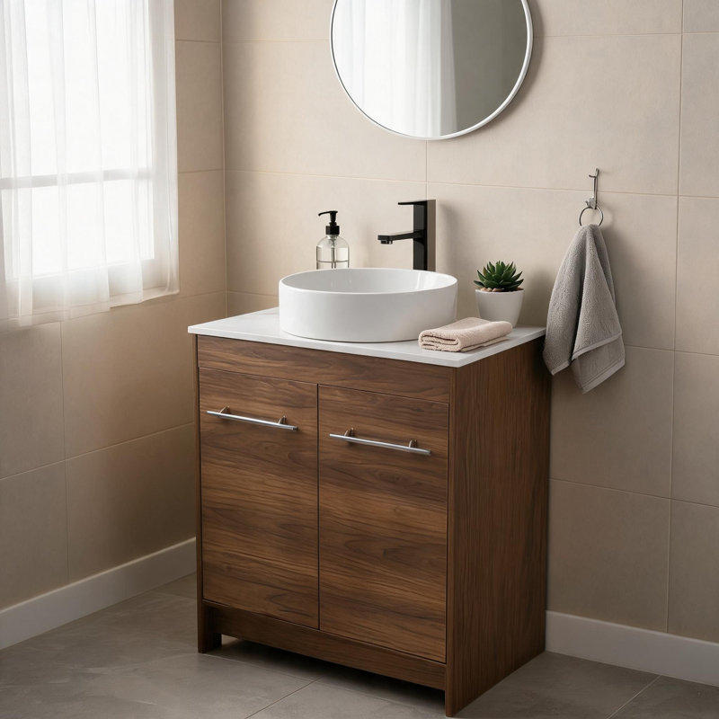 Lavabo de salle de bain rond en céramique blanche brillante de 40 cm (16 pouces) à poser, avec surface lisse émaillée.