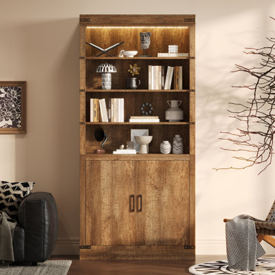 83.4"Tall Modern Bookshelf With Doors, Farmhouse Bookcase With 3-Tier Adjustable Shelves, Display Shelves With LED Light,Large Storage Cabinet For Living Room,Home Office, Walnut, Cabinet