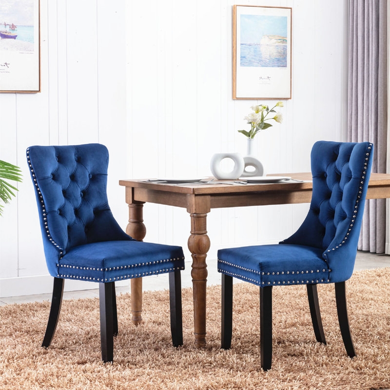 Chaise de salle à manger rembourrée en velours moderne avec anneau à tirer (ensemble de 2), Bleu, Noir