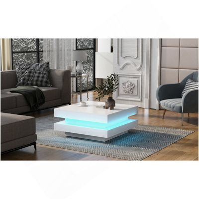Design minimaliste ultrabrillant avec lumières DEL, table basse carrée à 2 niveaux, table centrale pour le salon, blanc