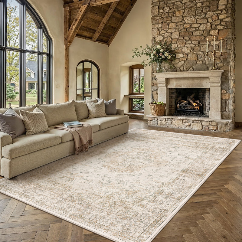 Tapis oriental délavé à la machine avec envers antidérapant Asteria, Beige, Rectangle 9 pi x 12 pi