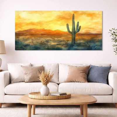 Lumière dorée chaude du coucher de soleil dans le désert - Tableau encadré de cactus