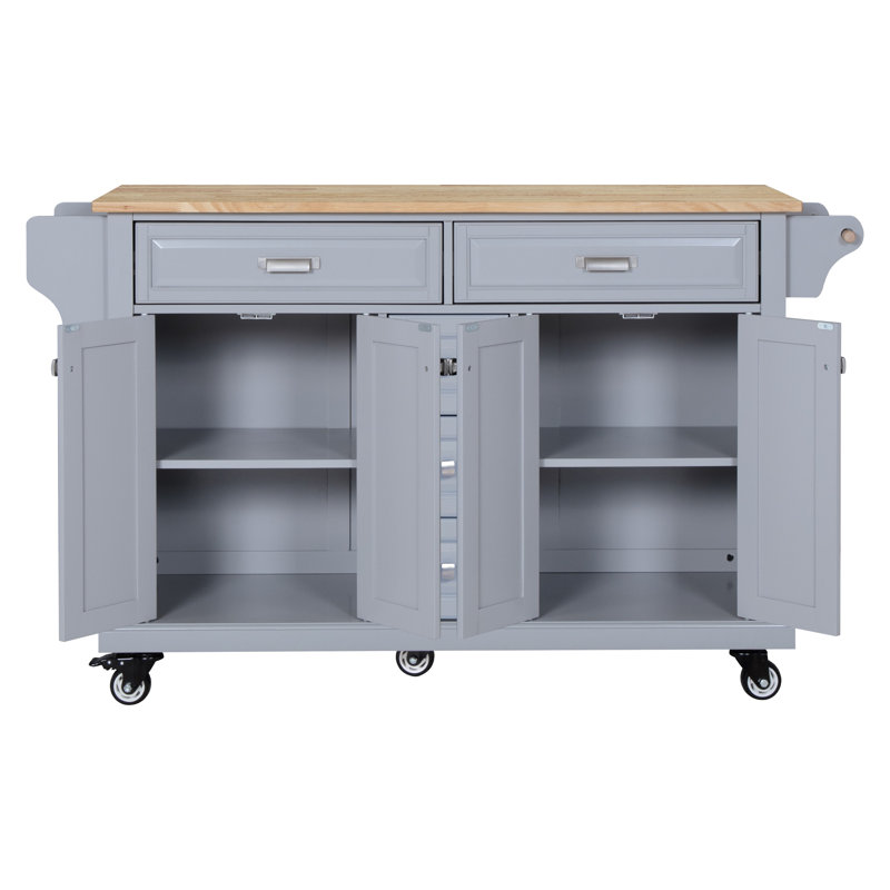 Kitchen Island With Rubber Wood Countertop, Kitchen Cart On 5 Wheels With Storage Cabinet And 5 Drawers, Gray