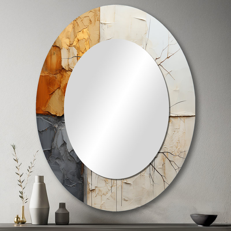 Abstrait fractal gris et jaune abstrait - Miroir décoratif ovale abstrait sur métal, 43 po x 33 po
