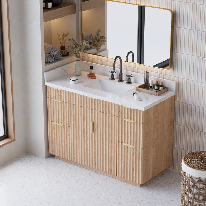 Meuble-lavabo simple 48 po avec comptoir en quartz, portes cannelées en chêne rouge massif et prises intégrées 48 po