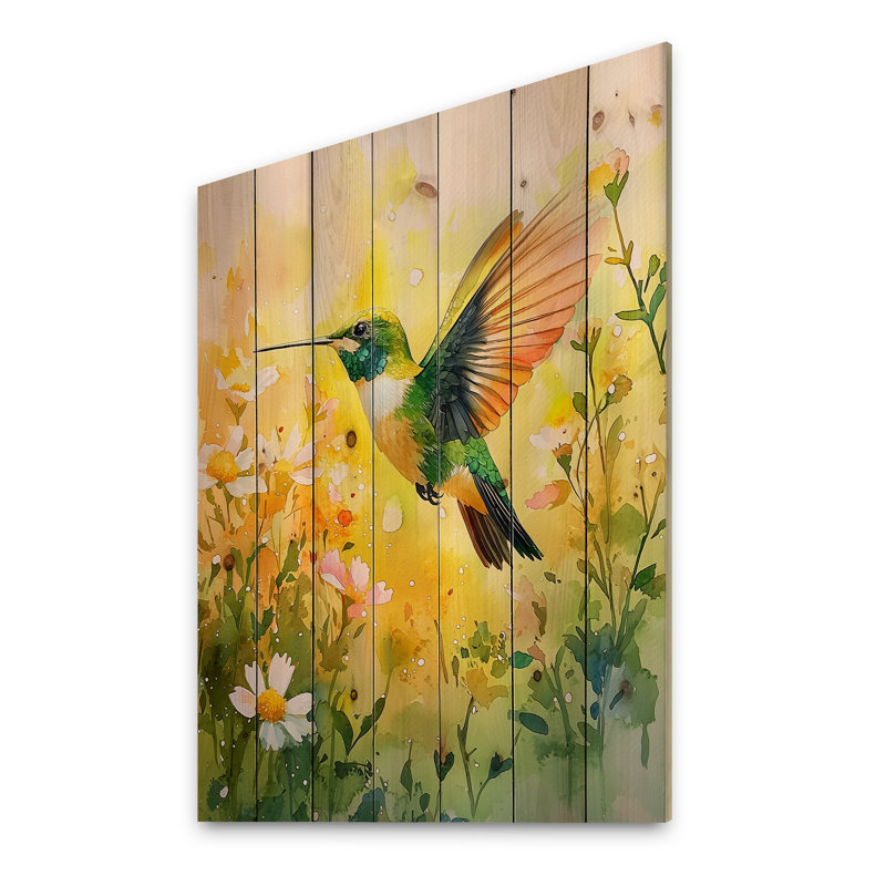 Hummingbird In The Sunshine I - Bird Wood Wall Art - On Natural Pine Wood, 20" H x 10" W x 0.78" D