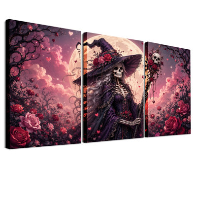 Ensemble de 3 toiles murales violettes représentant une sorcière squelette ornée de roses, idéal pour Halloween.