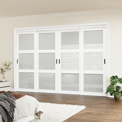3-Lite Tempered Frosted White Sliding Closet & Pantry Doors, Room Divider With Hardware Kit & Handles