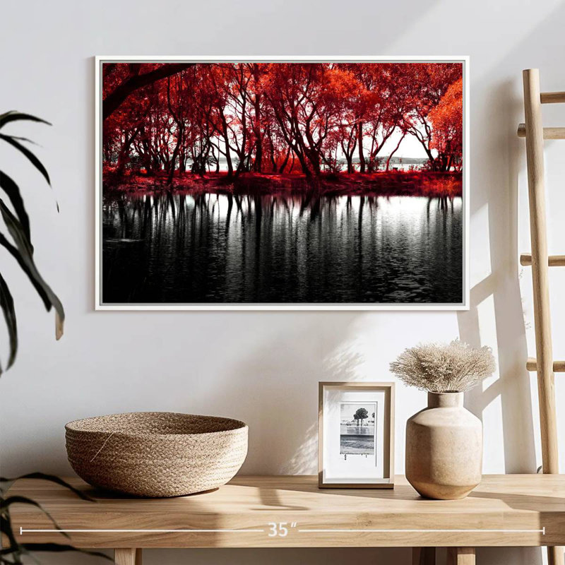 Pop au bord du lac, arbres rouges, Cadre flottant blanc, 25 po x 17 po