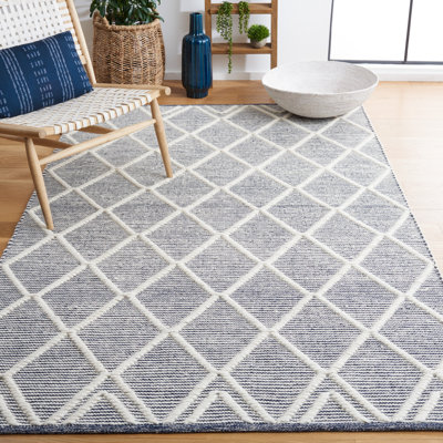 Jacques Hand Woven Wool/Cotton Geometric Rug in Ivory/Navy
