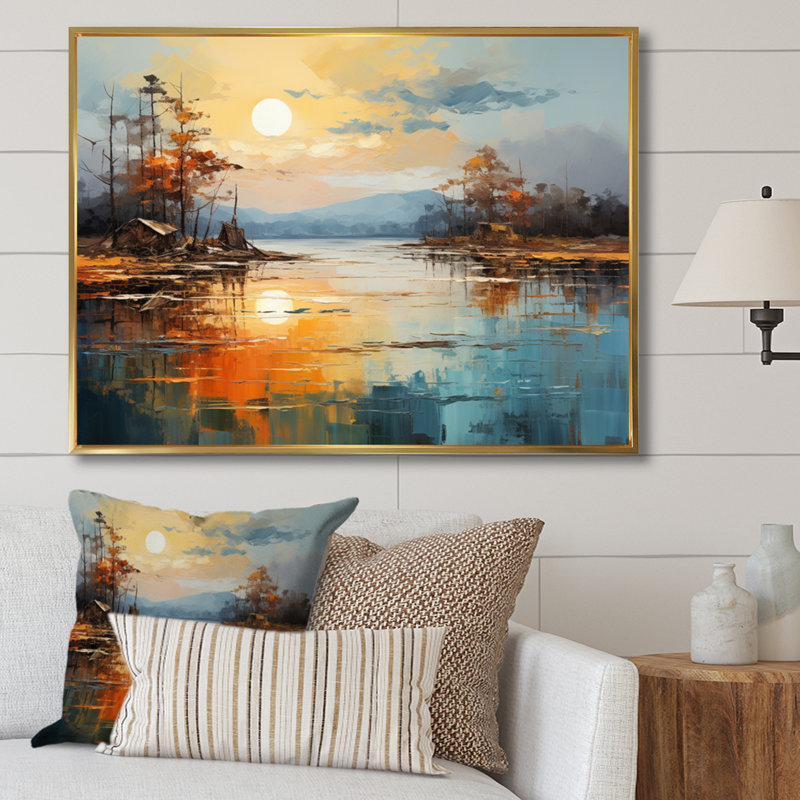 Orange Rivers Riverside Reflection II - Modern Canvas Prints, H 16 po x l 32 po x P 1 po, Cadre flottant doré