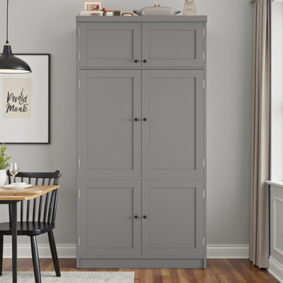 Freestanding Kitchen Pantry Cabinet, Integrated Power Outlets, Adjustable Shelving & Wine Rack, Contemporary Style, Dining & Living Room by Latitude Run