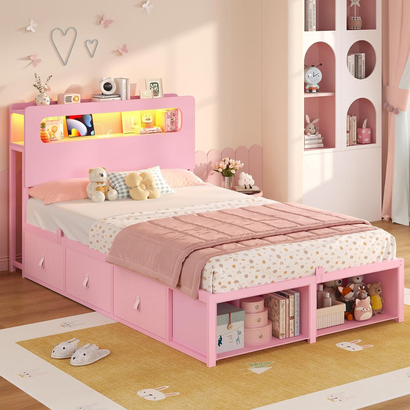 Structure de lit simple avec 6 tiroirs de rangement et tête de lit à 2 niveaux à DEL - Lit pour enfant avec prises de courant et lumières RVB, 2 casiers de pied de lit - peu encombrant