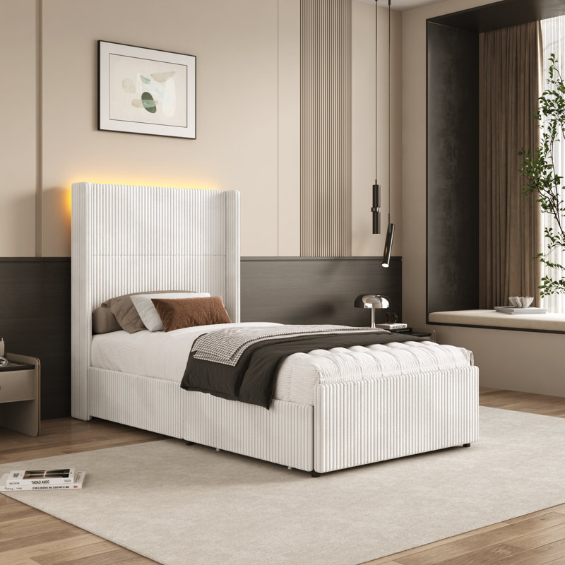 Lit plateforme tapissier en velours côtelé avec tiroirs, lumière DEL, tête de lit à oreilles et pied de lit, aucun sommier nécessaire