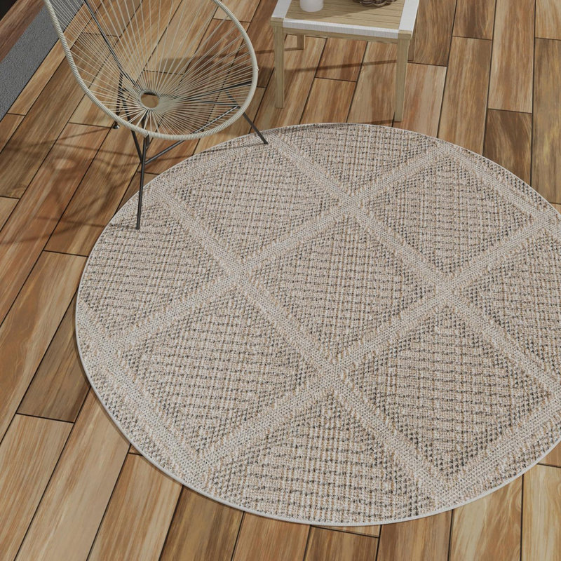 Geometric Machine Made Power Loom Polypropylene Plastic Indoor/Outdoor Area Rug in Khaki, Round 3'1"
