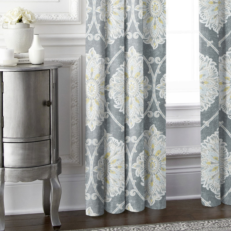 Indali 100% Cotton Damask Room Darkening Rod Pocket Curtain Panels, Gray/White, 50" W x 108" L