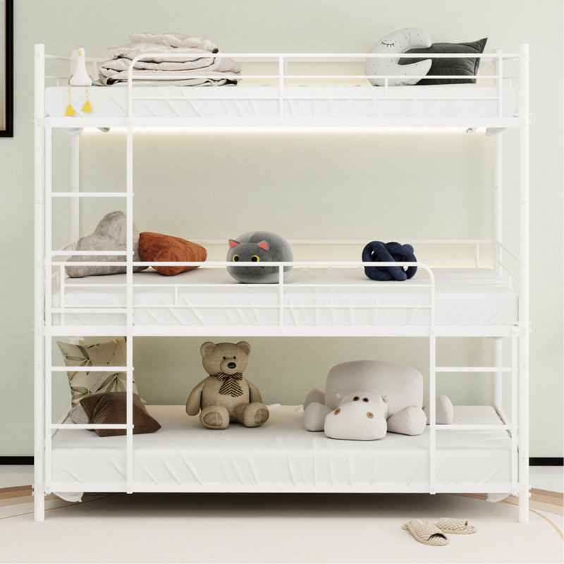 Structure de lit simple triple robuste avec caractéristiques intégrées, pour dortoir de chambre à coucher, blanc, sans ressorts, fer, lattes en métal avec garde-corps renforcés en continu à assemblage simple,