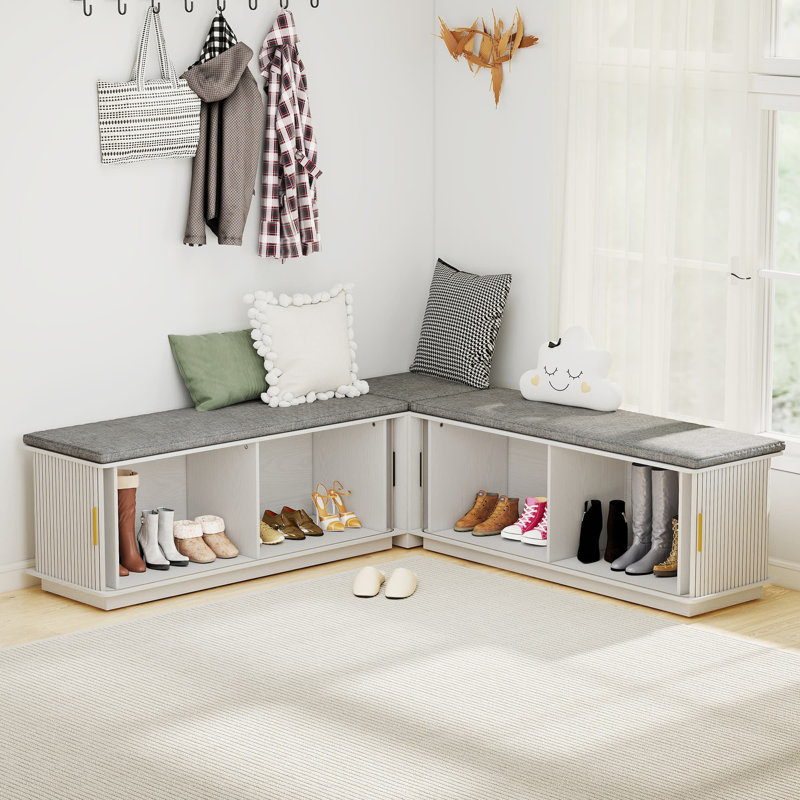 L-shape Storage Bench With Sliding Door, Corner Storage Bench, Fluted Breakfast Nook Bench For Dining Room, Kitchen, White