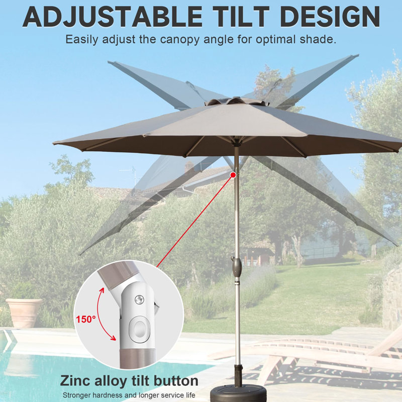 Parasol de patio 9 pi - Gris, bloquant, 8 nervures robustes, eau pour patio, terrasse, protection extérieure de piscine, eau, construction jardin, plage, zone