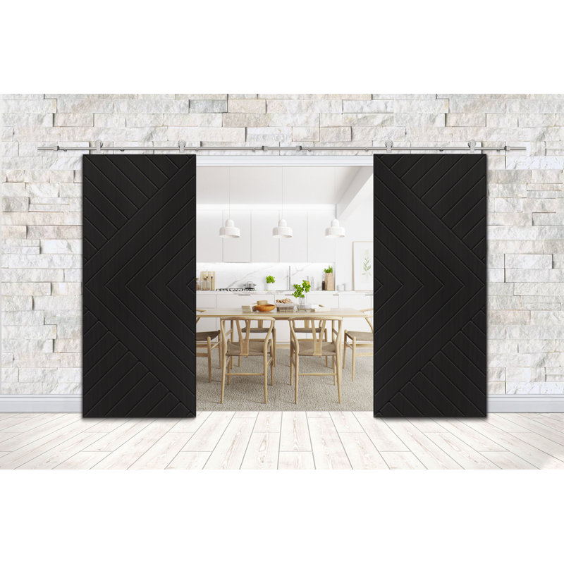 Porte de grange à panneaux et en bois avec quincaillerie d'installation, Noir, 60 po x 84 po