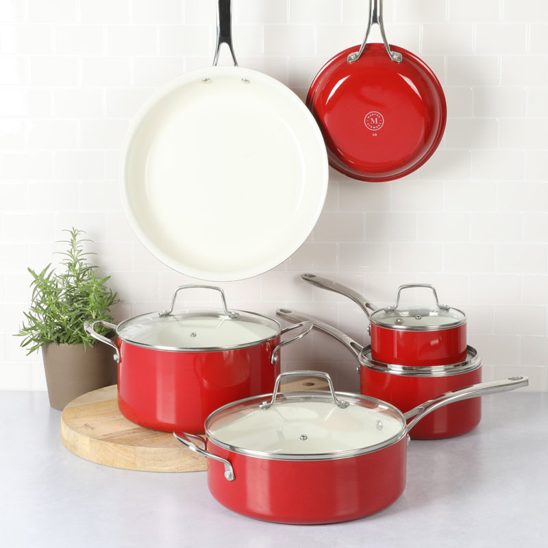Martha Stewart Lockton 10 Piece Premium PFA Free Non-toxic Ceramic Nonstick Interior Enamel Aluminum, Red/Sliver
