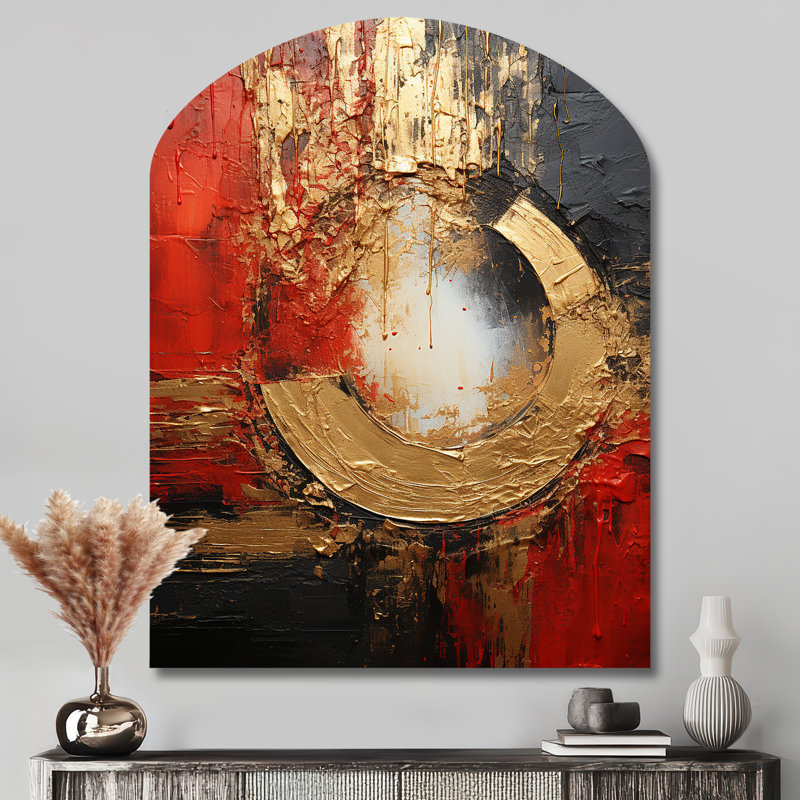 Red Gold Fusion Spiral II - Abstract Spirals Asymmetrical Metal Wall Decor, Gold Arch Metal Art Print, 43" H x 33" W x 1" D