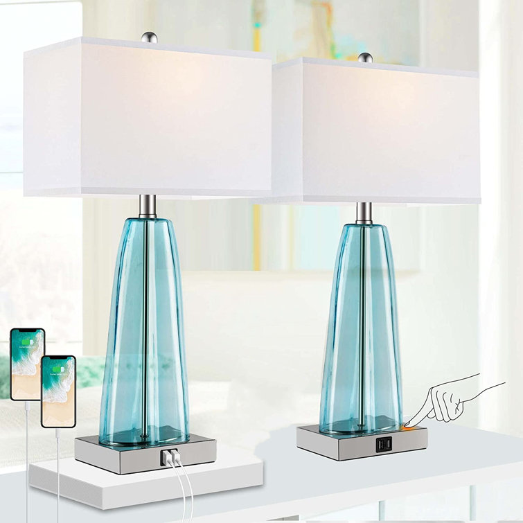 Antawn Table Lamp Green Glass with USB Ports