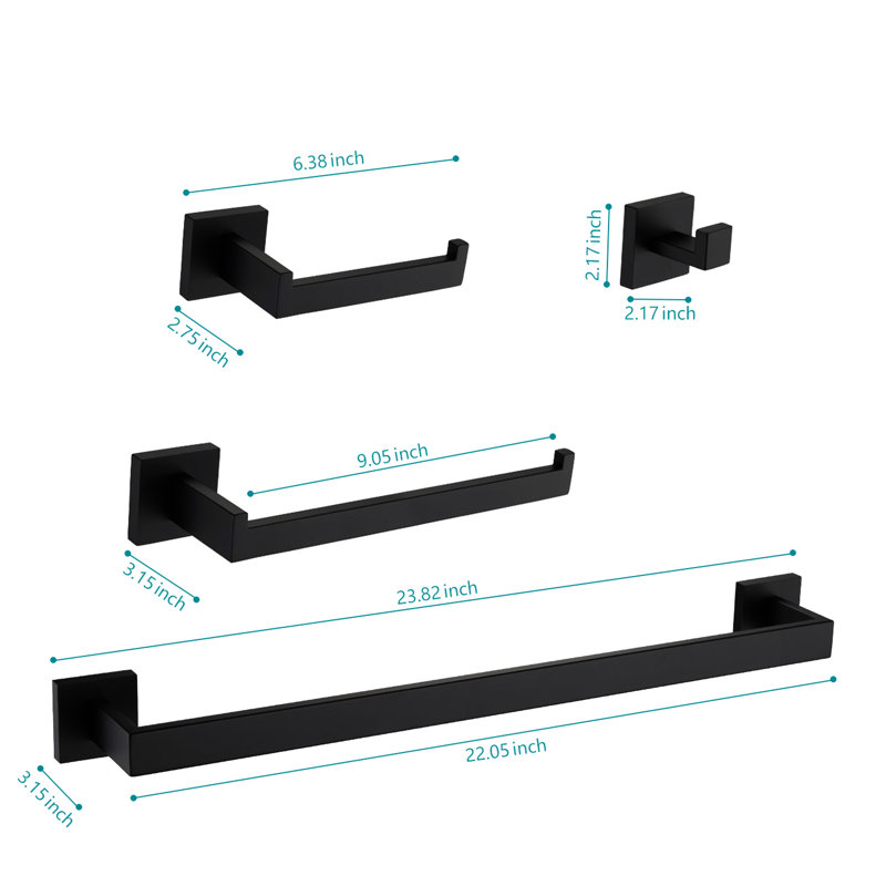 Accessoires de salle de bain en acier inoxydable noir mat, 4 -, rouille - pour toute la quincaillerie en noir, design moderne, corrosion toutes les pièces