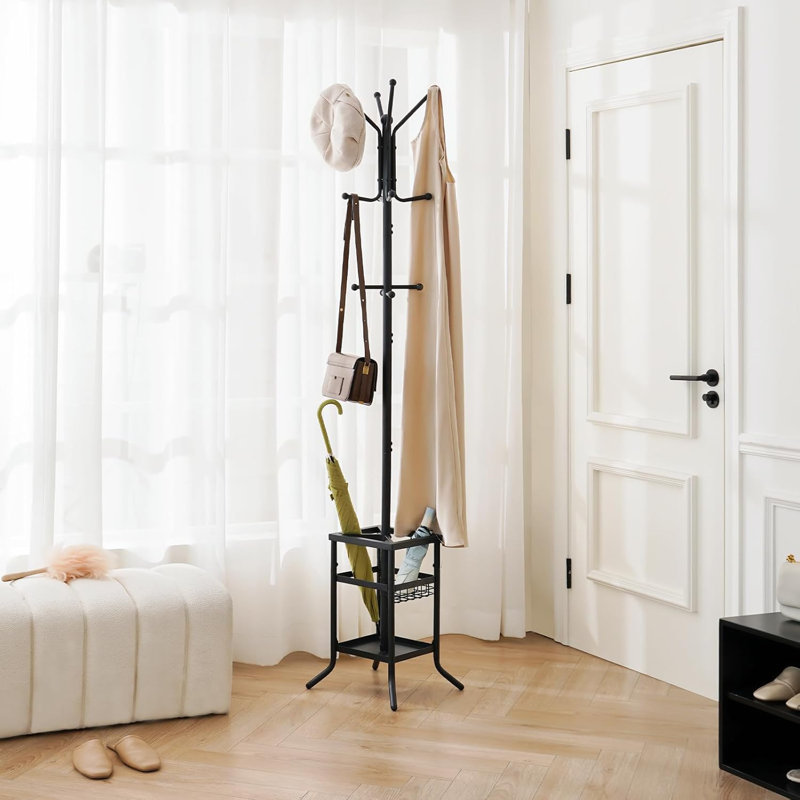 Coat Tree With Umbrella Holder Metal Coat Rack Stand With 12 Hooks, Black