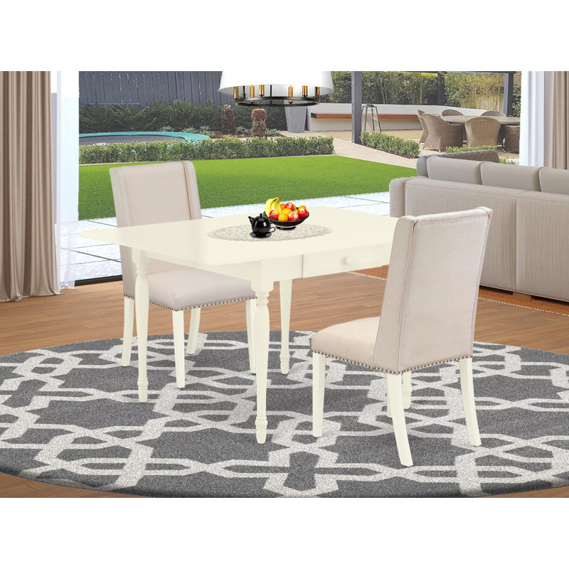 3 Piece Dining Set Contains a Rectangle Dining Room Table with Dropleaf and 2 Cream Linen Fabric Upholstered Chairs, Linen White