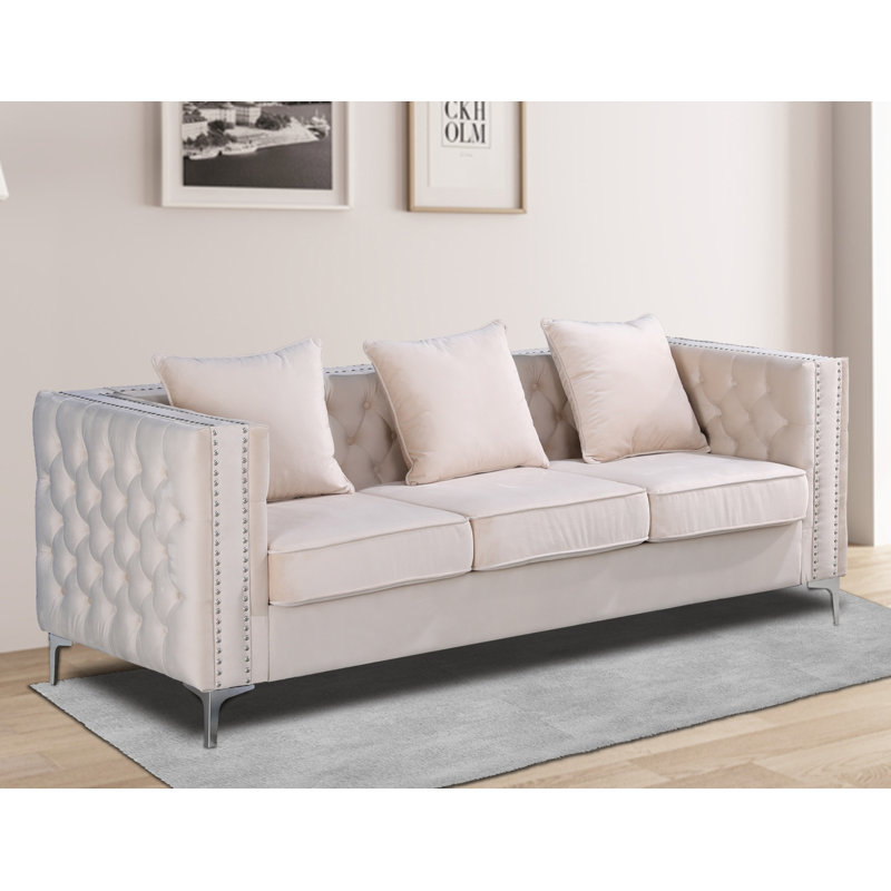 Vanida Charterhouse 86.4" Velvet Tuxedo Arm Sofa, Beige Velvet