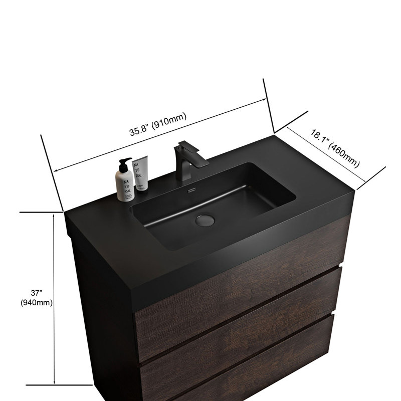 Meuble-lavabo autoportant simple avec plateau en pierre reconstituée Roselli, Noir, Noyer