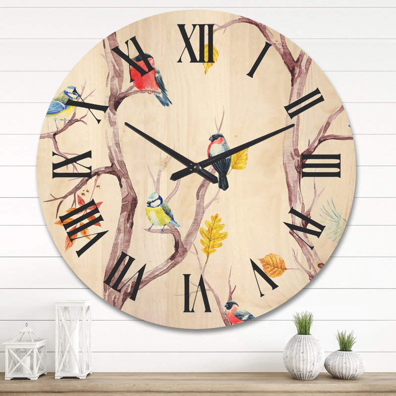 Horloge murale en bois arbres d'automne et petits oiseaux, Grand