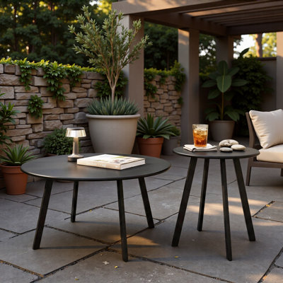 Indoor/Outdoor Round Nesting Coffee Table Set, Modern Black Metal Side & End Tables (Set of 2)