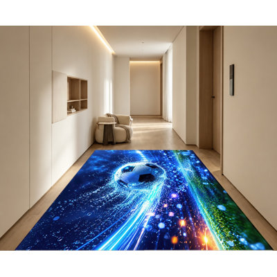 Tapis lavable en machine à ballons de football Dynamic Action avec envers antidérapant, motif éclaboussures d'eau bleues, décoration intérieure confortable pour salon, chambre, salle de jeux, salle de jeux pour hommes, appartement