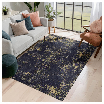 Tapis lavable, motif abstrait noir et or vieilli, velours antidérapant à poils courts, tapis de salon lavable à la machine 3 pi x 5 pi