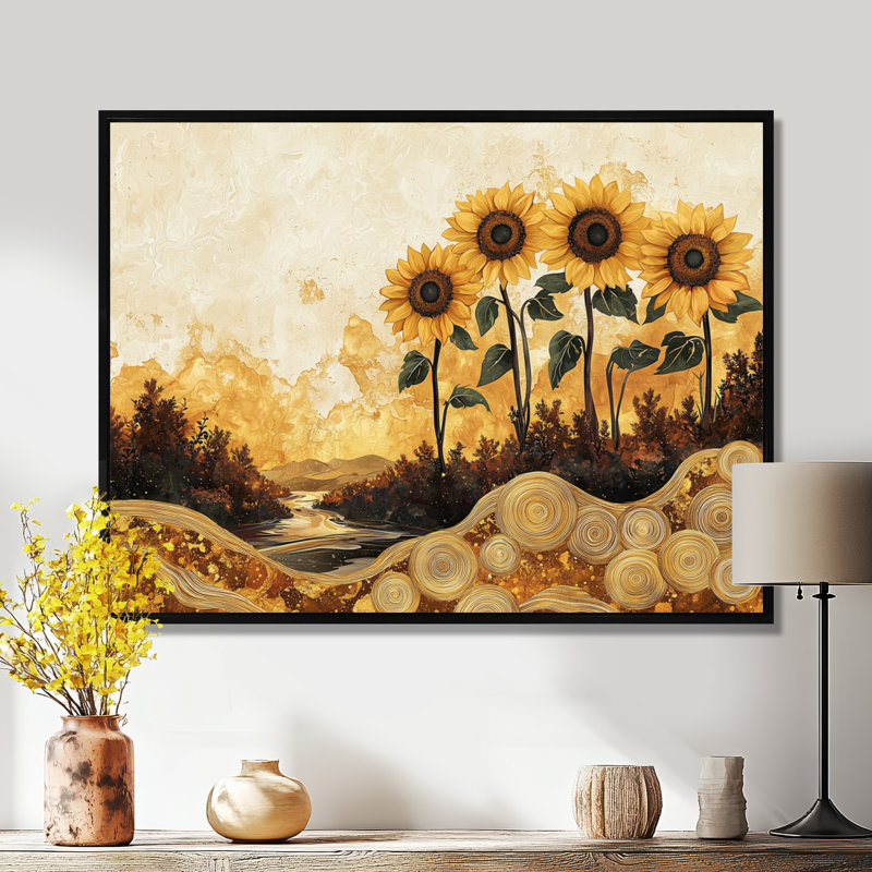 Dorisa, tournesols, paysage sur un sommet de rivière en bois III - tournesols, art mural, H 24 po x l 32 po