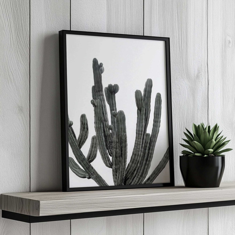 Cactus noir et blanc par Nadja, 16" H x 12" W, Framed Canvas, Blanc