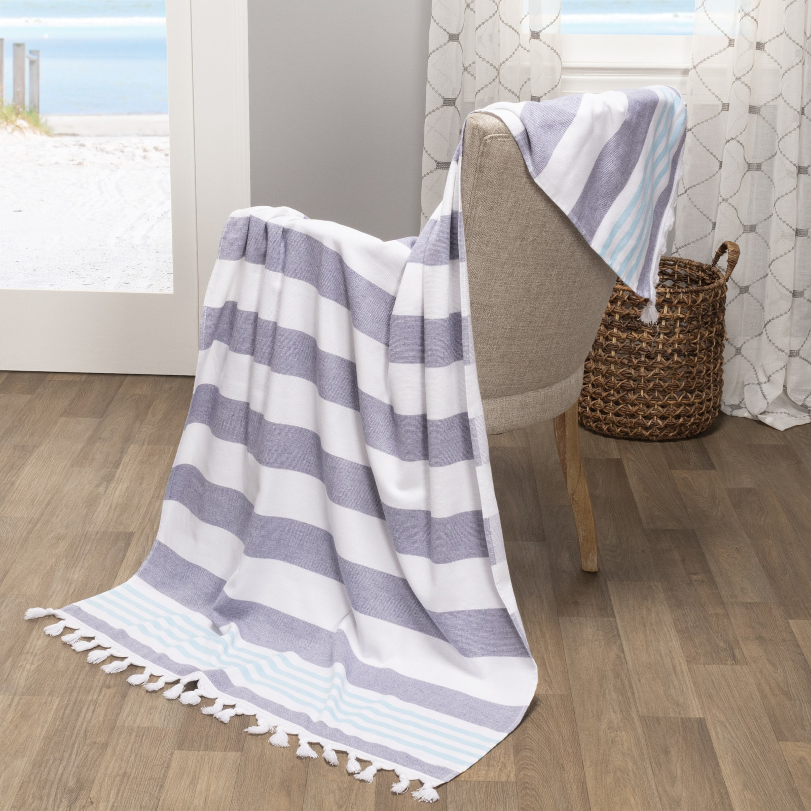 Striped Tasseled Cotton Beach Towel, Charcoal/Blue