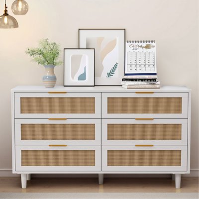 51.18"6-Drawers Rattan Storage Cabinet Rattan Drawer,For Bedroom,Living Room,White 
