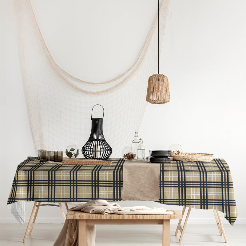 Football Luxury Plaid Cotton Blend Tablecloth, Old Gold/White/Black