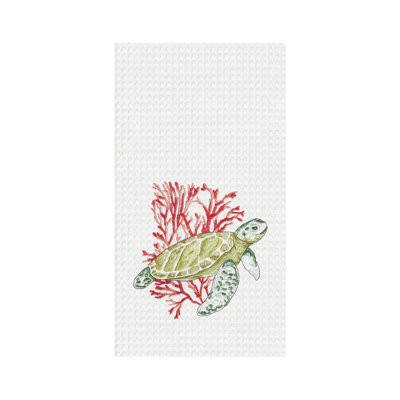 Turtle And Coral Embroidered Waffle Weave Cotton Kitchen Towel