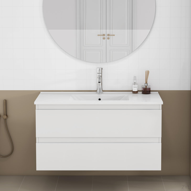 Ensemble de meuble-lavabo avec lavabo, armoire avec 2 grands tiroirs, système de fermeture en douceur, 2 grands tiroirs, conception sans poignée, assemblage facile, blanc brillant