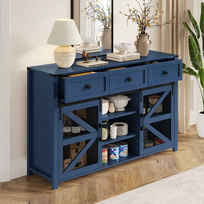 Sideboard Buffet Cabinet With 3 Drawers And Sliding Barn Door, Navy Blue
