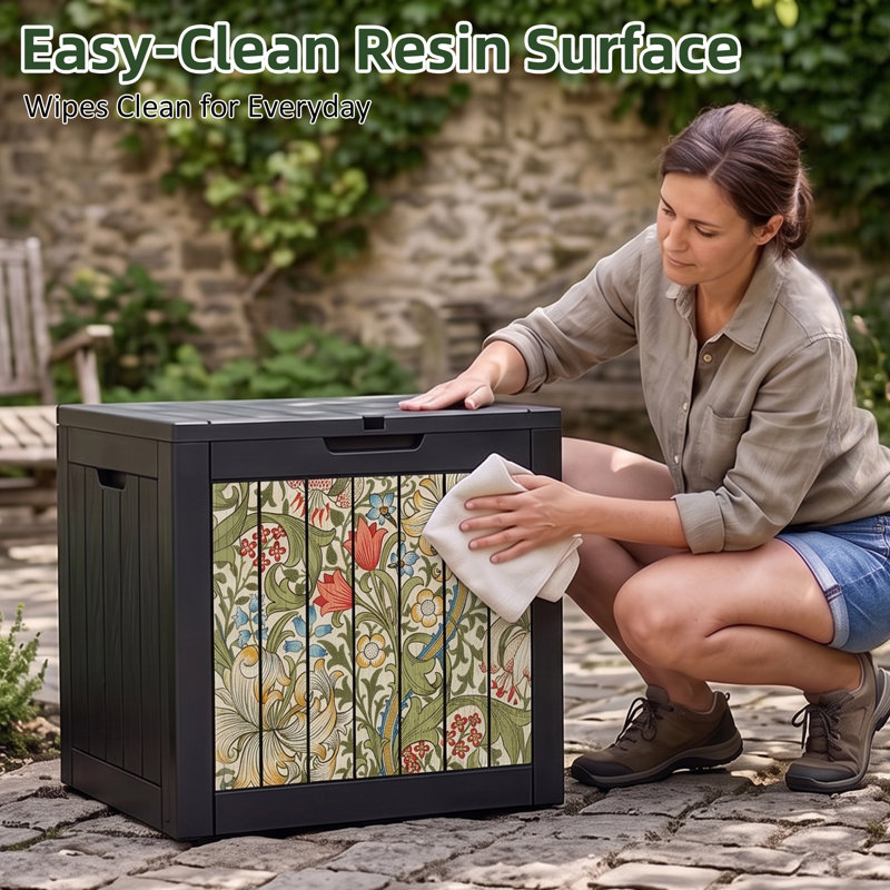 35 Gallon Black Decorative Print Resin Deck Box with Decorative Printed Panels