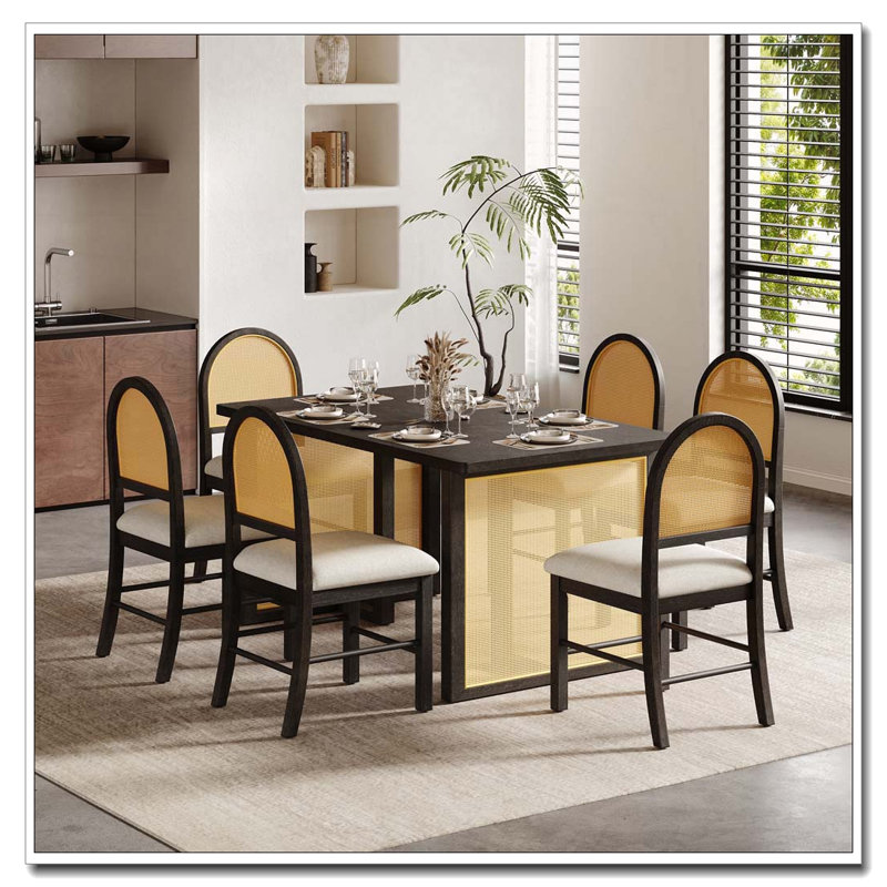 Ensemble de salle à manger de ferme 7 pièces avec chaises en rotin et placage de chêne vieilli (espresso), Espresso